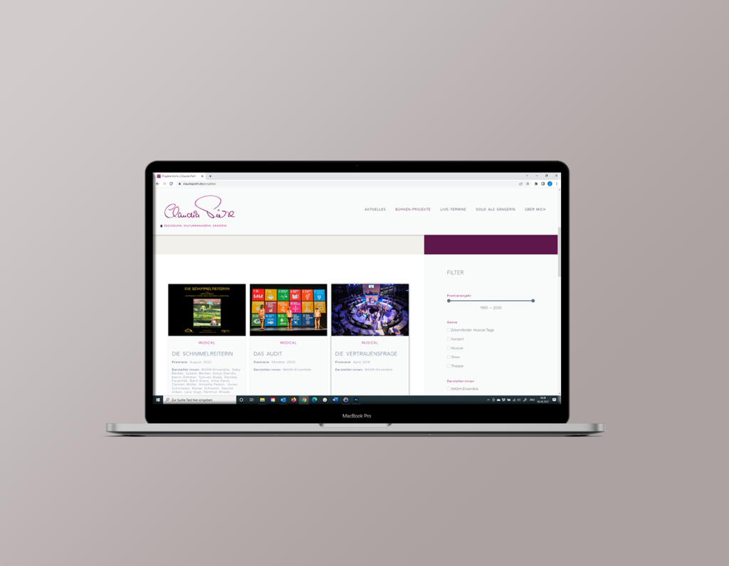 Website-Design und Umsetzung für Claudia Piehl - Übersicht über die Musical-Projekte
